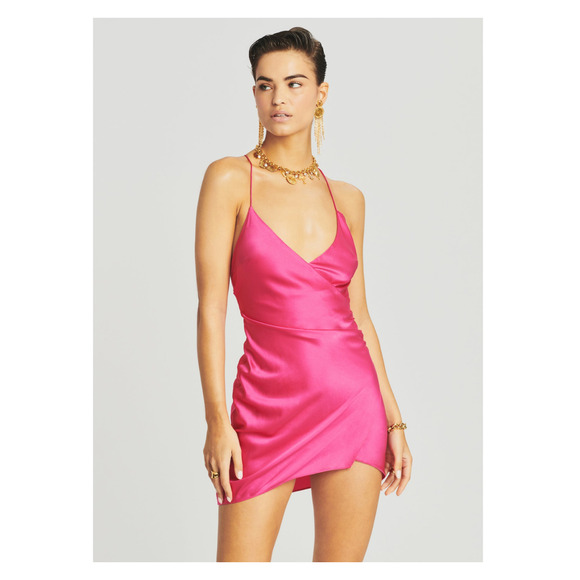 SER.O.YA Leah Silk Slip Dress Pink Mini Deep V Open Back Party Stretch Small NWT - Picture 6 of 14